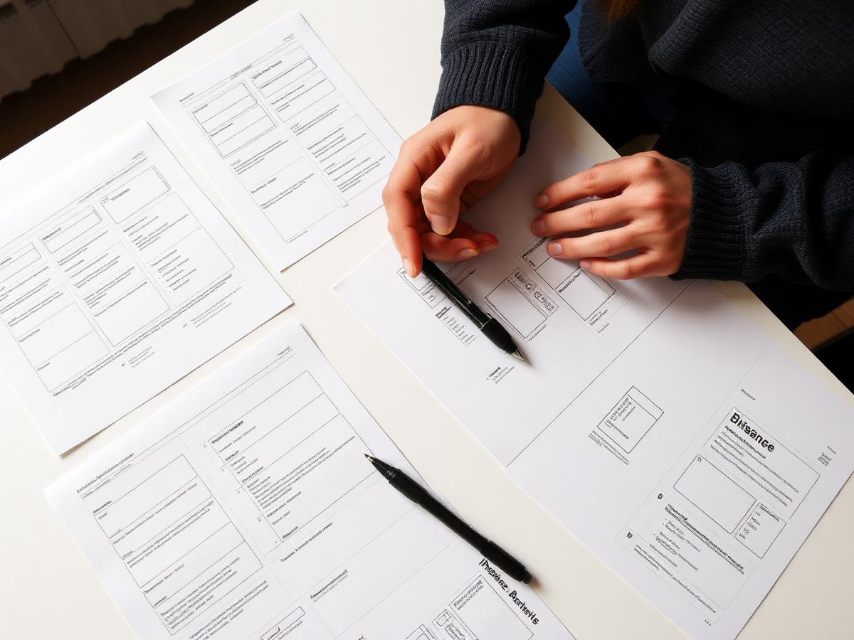 Printed interface prototypes spread across a table being annotated