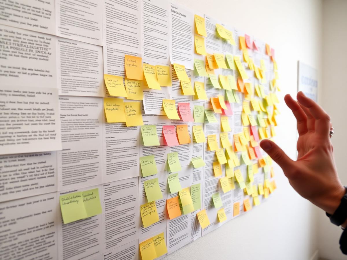 Wall of research notes and sticky notes being grouped into themes