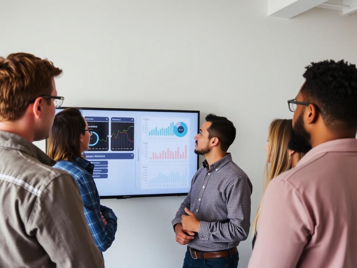 Team reviewing product analytics charts on a wall-mounted screen