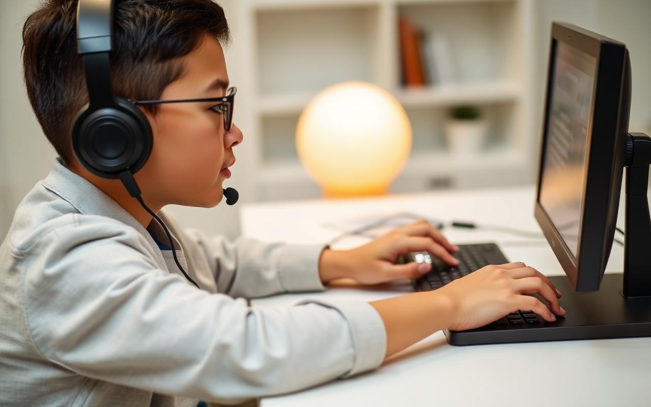 Person using headphones and a keyboard to navigate an interface with a screen reader