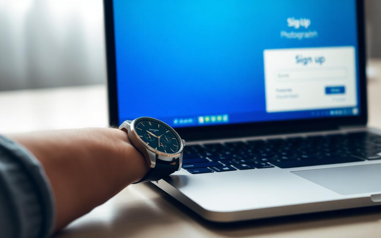 Wristwatch next to a laptop showing a product signup screen