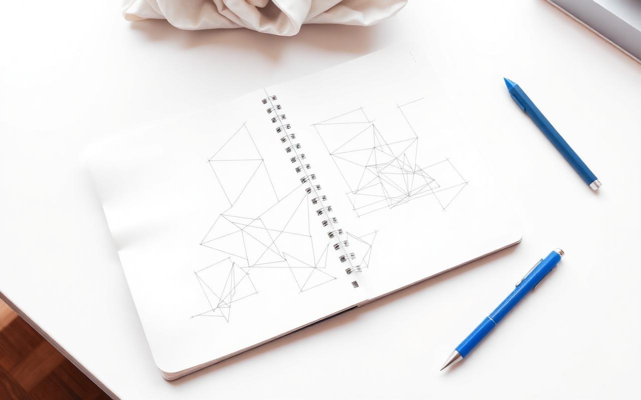 Discarded wireframe sketches beside an open notebook on a white desk