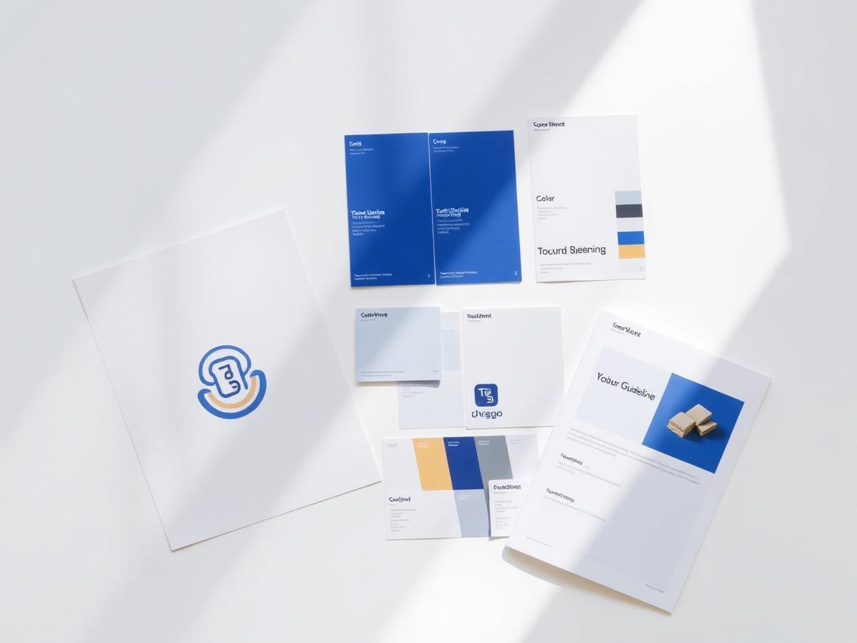 Brand identity system flat lay with logo sheet, typography specimens, colour swatches and a guidelines booklet