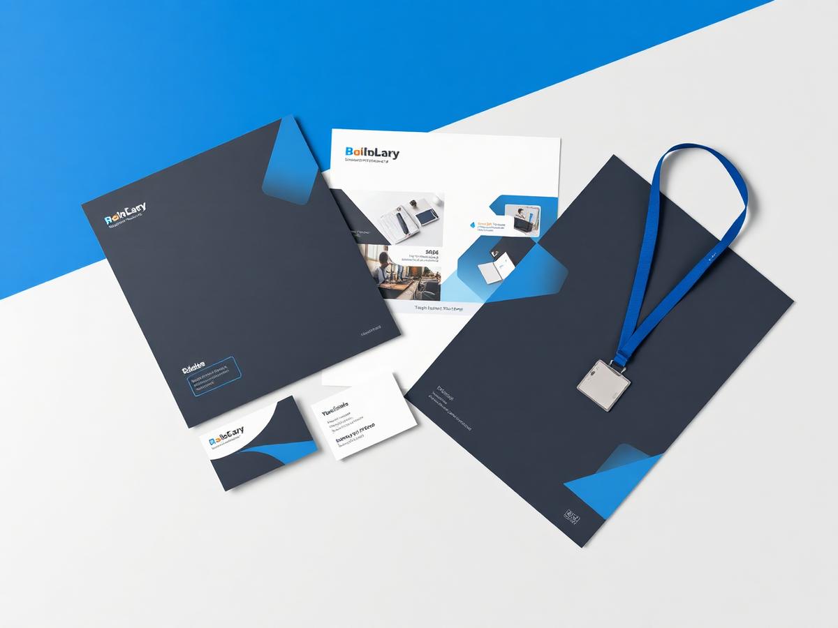 Corporate stationery set with business cards, letterhead, folder and lanyard badge