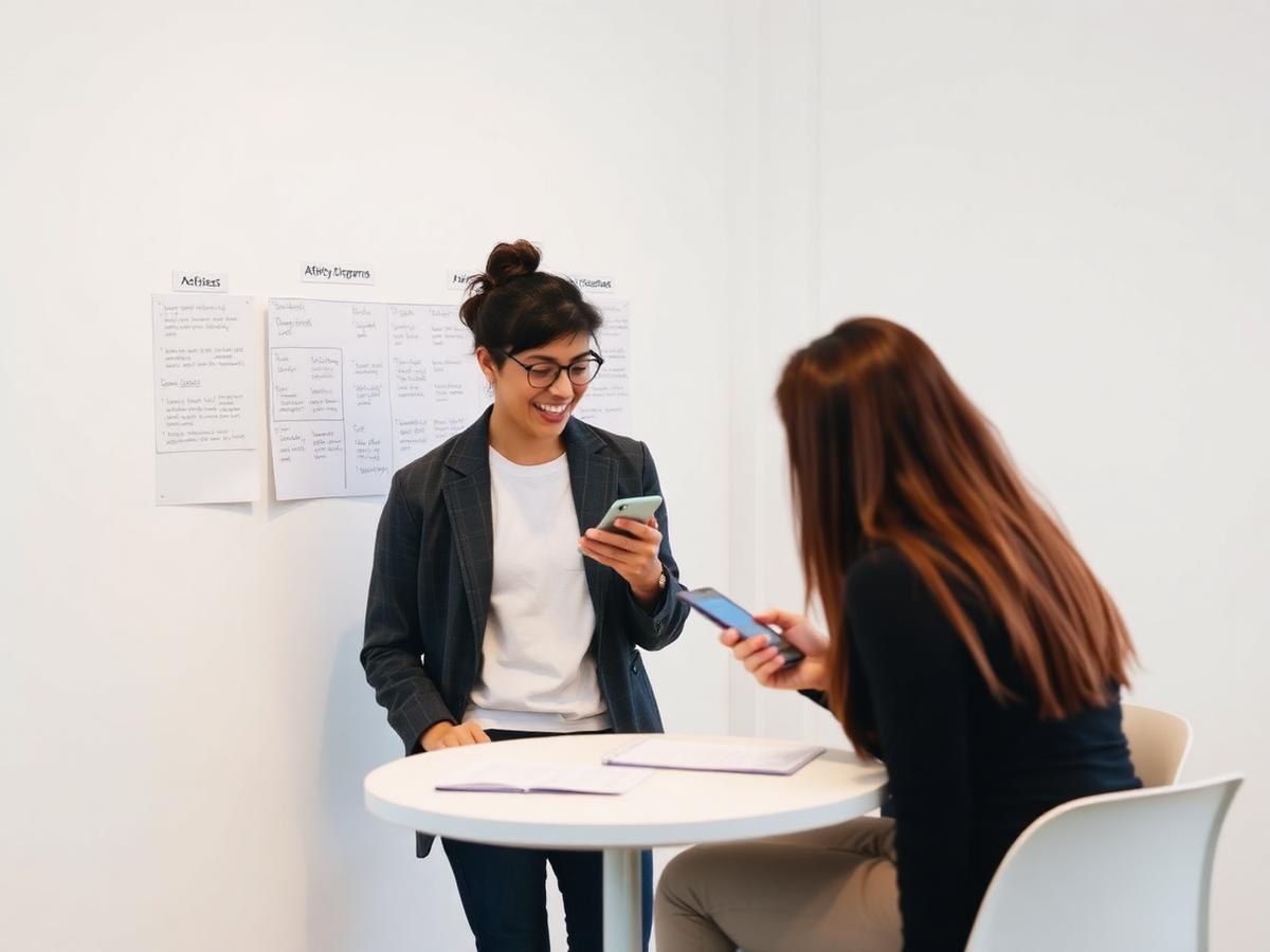UX researcher observing a participant use a mobile app beside affinity-diagram notes
