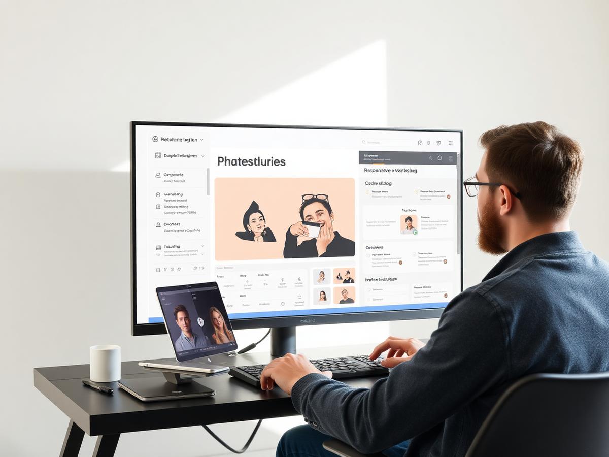 Designer building a responsive site in a visual no-code builder with CMS panels open