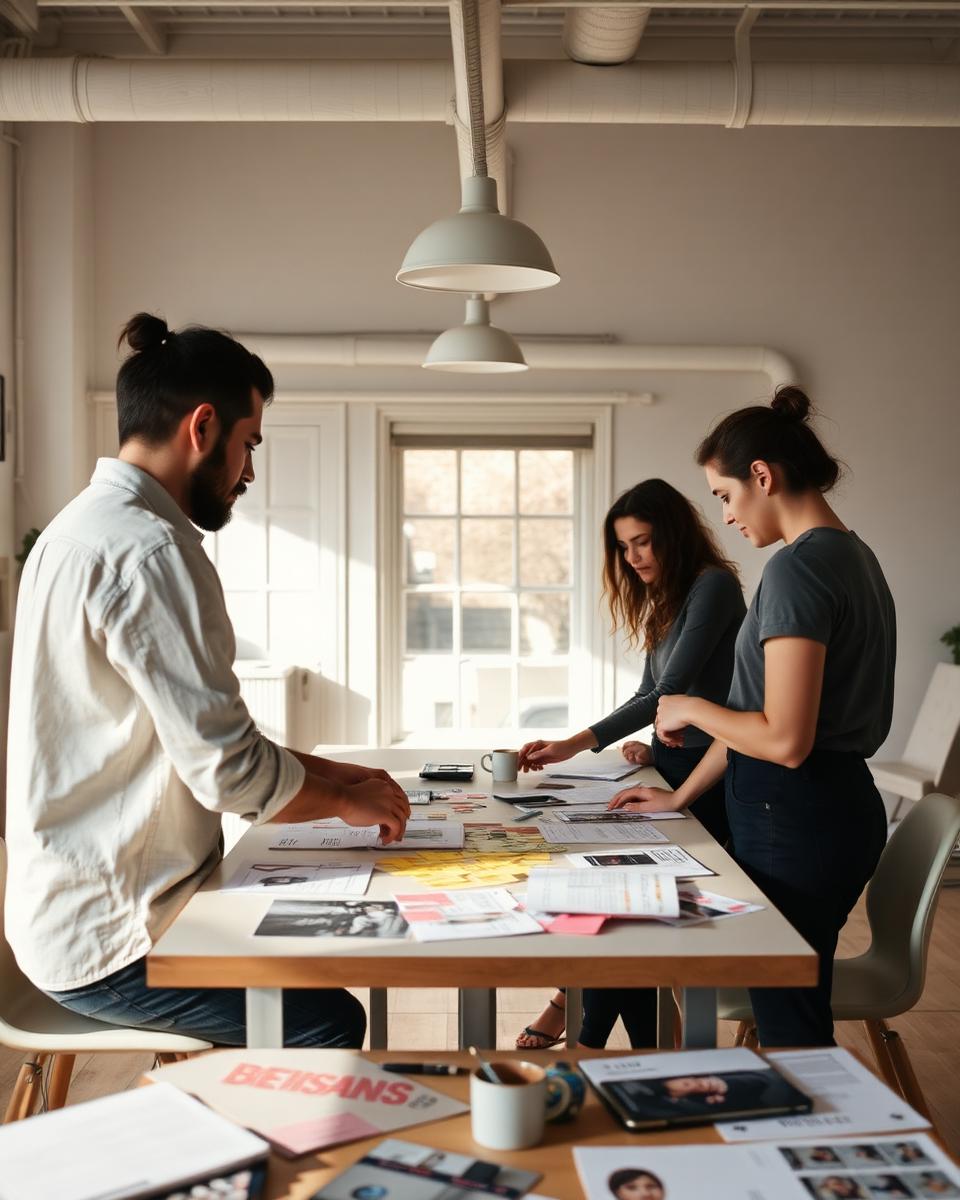 Three Musebit designers reviewing printed research findings around a studio table